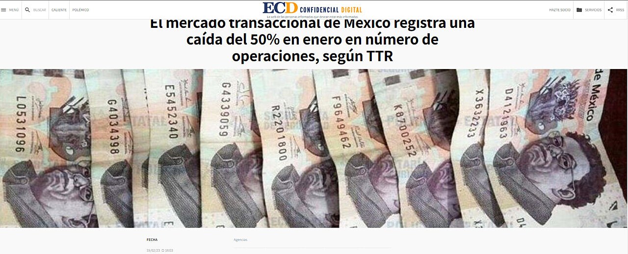 El mercado transaccional de Mxico registra una cada del 50% en enero en nmero de operaciones, segn TTR